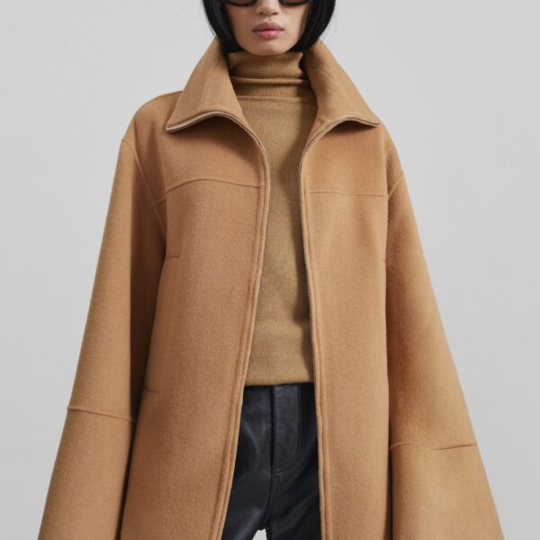 The Frankie Shop Imphal Belted Wool Jacket - Camel - Oversized Minimalist Jackets in Beige - Shop at Coveti