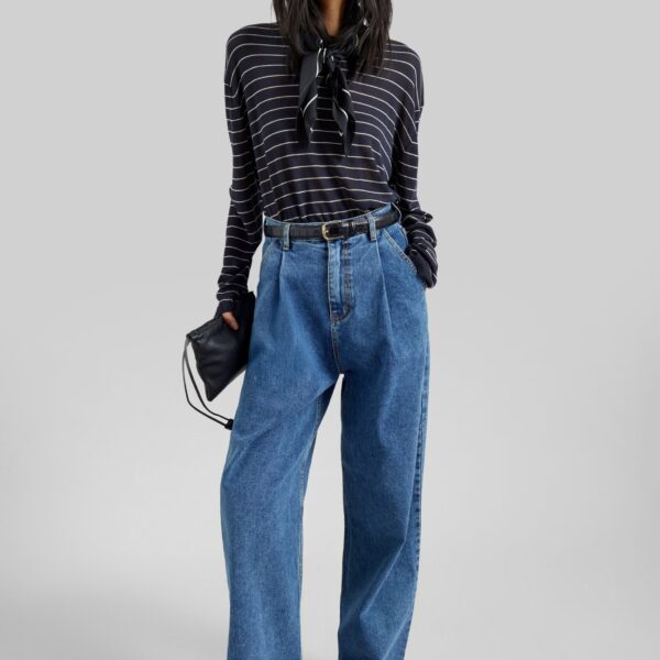The Frankie Shop Isabella Denim Pants - Medium Wash - Oversized Minimalist Pants in Grey - Shop at Coveti