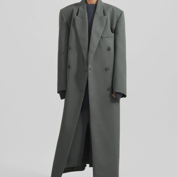 The Frankie Shop Jane Long Coat - Light Khaki - Oversized Minimalist Coats in Green - Shop at Coveti