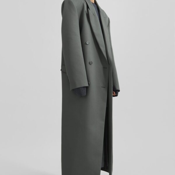 The Frankie Shop Jane Long Coat - Light Khaki - Oversized Minimalist Coats in Green - Shop at Coveti