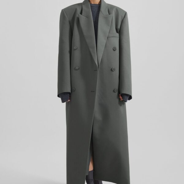 The Frankie Shop Jane Long Coat - Light Khaki - Oversized Minimalist Coats in Green - Shop at Coveti
