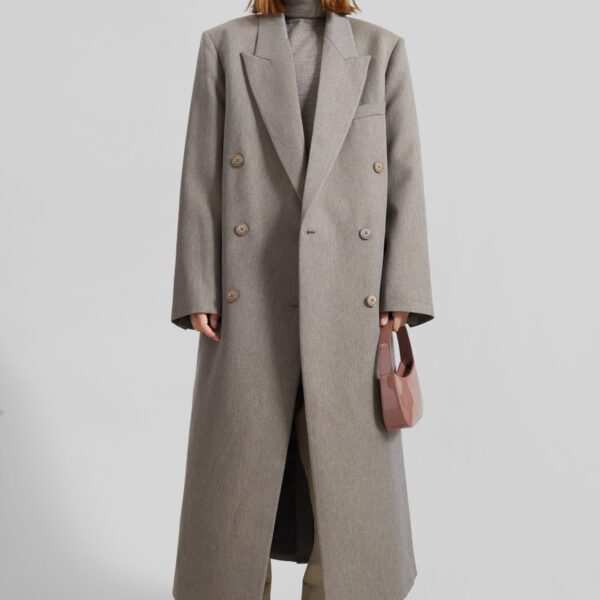 The Frankie Shop Jane Long Coat - Taupe Melange - Oversized Minimalist Coats in Beige - Shop at Coveti