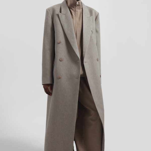 The Frankie Shop Jane Long Coat - Taupe Melange - Oversized Minimalist Coats in Beige - Shop at Coveti