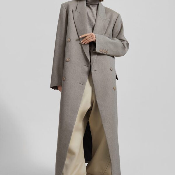 The Frankie Shop Jane Long Coat - Taupe Melange - Oversized Minimalist Coats in Beige - Shop at Coveti