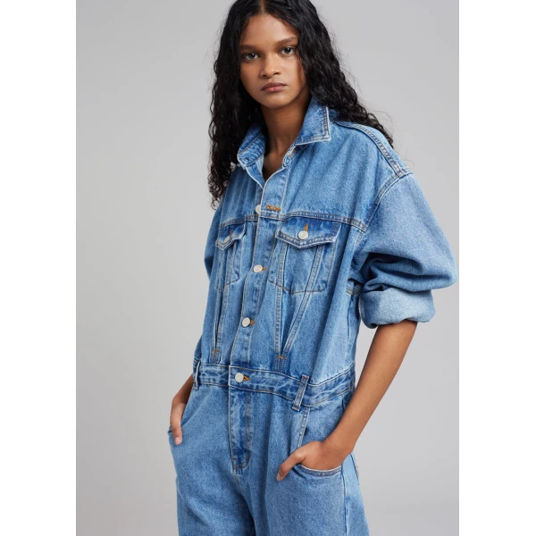 The Frankie Shop Jas Denim Jumpsuit - Dark Indigo - Oversized Minimalist Jumpsuit in Blue - Shop at Coveti
