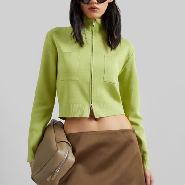 The Frankie Shop Juilly Knit Zip Cardigan - Lime - Oversized Minimalist Knitwear in Green - Shop at Coveti