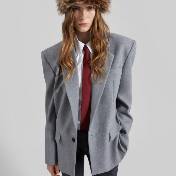 The Frankie Shop Jun Textured Blazer - Grey Melange - Oversized Minimalist Jackets in Grey - Shop at Coveti