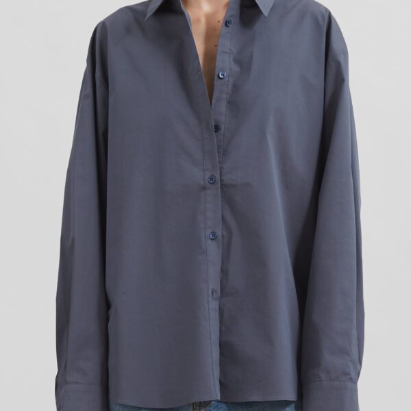 The Frankie Shop Kae Back Slit Button Up Shirt - Charcoal - Oversized Minimalist Tops in Grey - Shop at Coveti