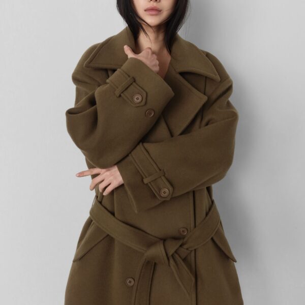 The Frankie Shop Kalmar Wool Peacoat - Pale Olive - Oversized Minimalist Coats in Green - Shop at Coveti