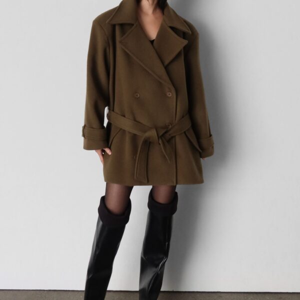The Frankie Shop Kalmar Wool Peacoat - Pale Olive - Oversized Minimalist Coats in Green - Shop at Coveti