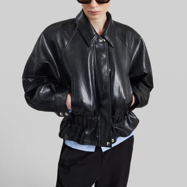 The Frankie Shop Kalsta Faux Leather Peplum Jacket - Black - Oversized Minimalist Jackets in Black - Shop at Coveti