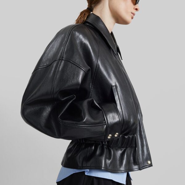 The Frankie Shop Kalsta Faux Leather Peplum Jacket - Black - Oversized Minimalist Jackets in Black - Shop at Coveti