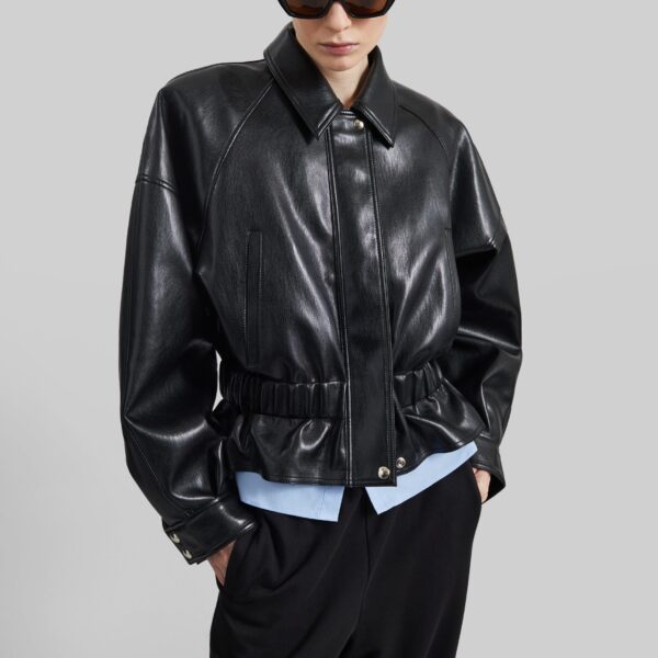 The Frankie Shop Kalsta Faux Leather Peplum Jacket - Black - Oversized Minimalist Jackets in Black - Shop at Coveti