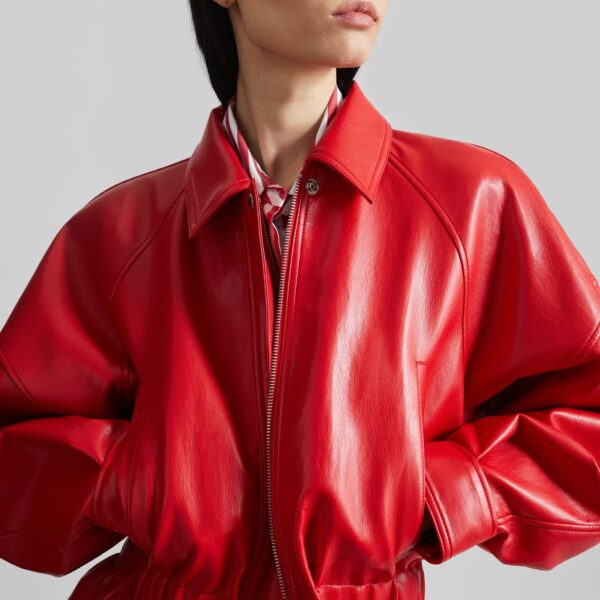 The Frankie Shop Kalsta Faux Leather Peplum Jacket - Red - Oversized Minimalist Jackets in Red - Shop at Coveti