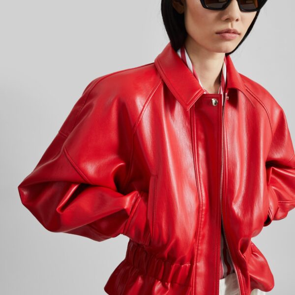 The Frankie Shop Kalsta Faux Leather Peplum Jacket - Red - Oversized Minimalist Jackets in Red - Shop at Coveti