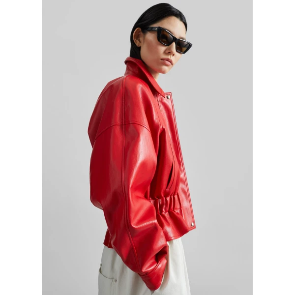 The Frankie Shop Kalsta Faux Leather Peplum Jacket – Red, view 4