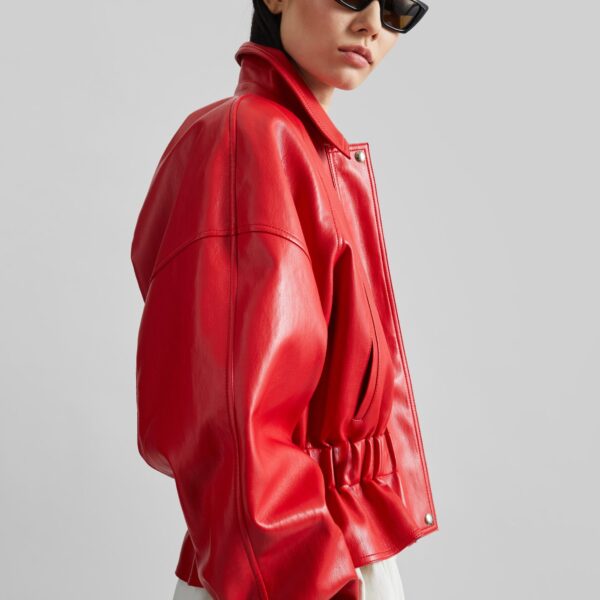 The Frankie Shop Kalsta Faux Leather Peplum Jacket - Red - Oversized Minimalist Jackets in Red - Shop at Coveti