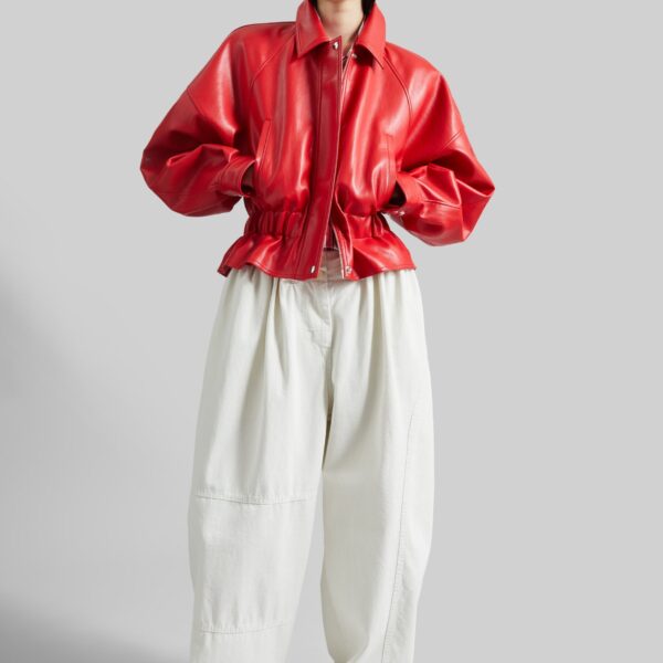 The Frankie Shop Kalsta Faux Leather Peplum Jacket - Red - Oversized Minimalist Jackets in Red - Shop at Coveti