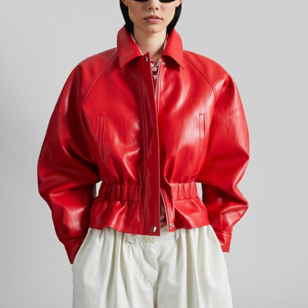 The Frankie Shop Kalsta Faux Leather Peplum Jacket - Red - Oversized Minimalist Jackets in Red - Shop at Coveti