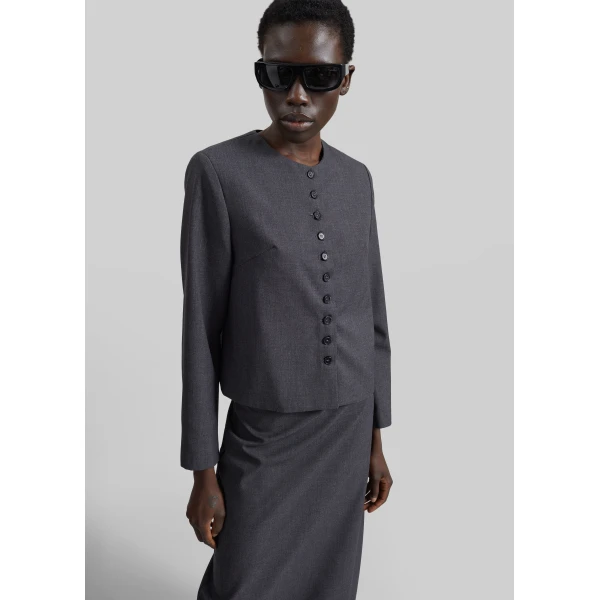 The Frankie Shop Katya Button-Up Boxy Top – Dark Grey Melange, view 2