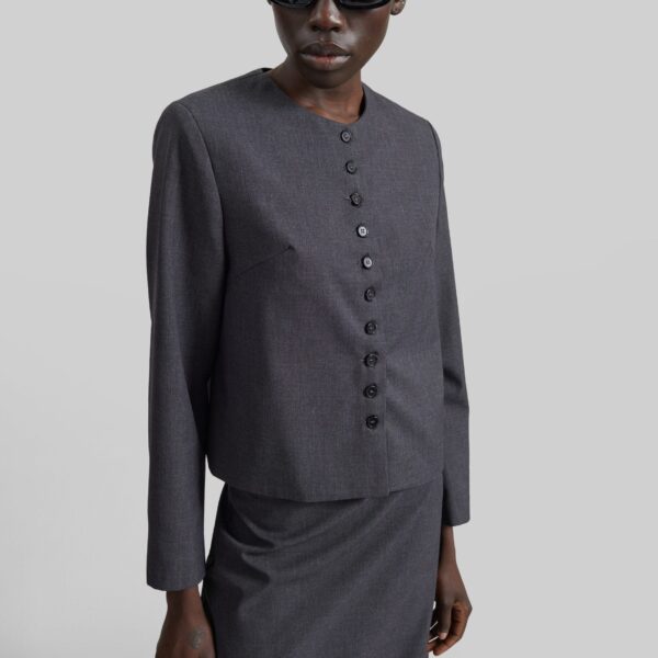 The Frankie Shop Katya Button-Up Boxy Top - Dark Grey Melange - Oversized Minimalist Tops in Grey - Shop at Coveti