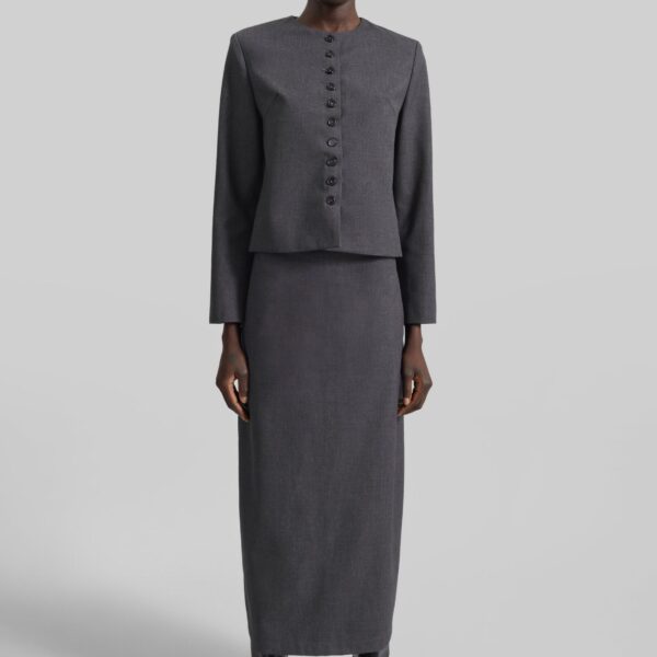 The Frankie Shop Katya Button-Up Boxy Top - Dark Grey Melange - Oversized Minimalist Tops in Grey - Shop at Coveti