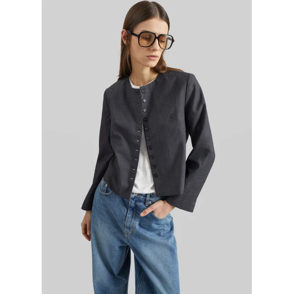 The Frankie Shop Katya Button-Up Boxy Top – Dark Grey Melange, view 4