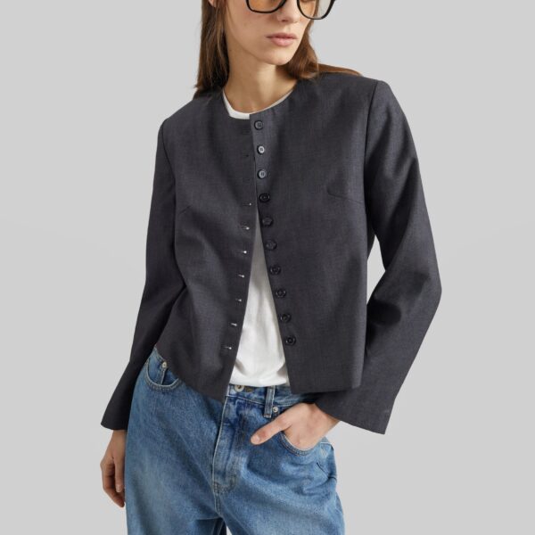 The Frankie Shop Katya Button-Up Boxy Top - Dark Grey Melange - Oversized Minimalist Tops in Grey - Shop at Coveti