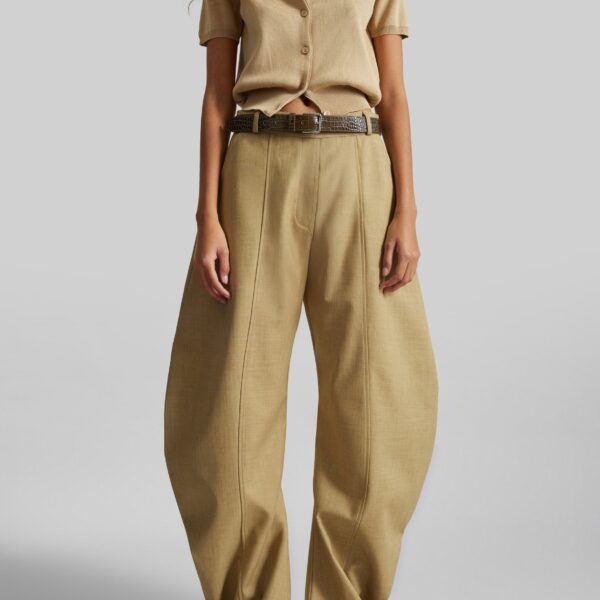 The Frankie Shop Keasden Barrel Leg Trousers - Camel - Oversized Minimalist Pants in Beige - Shop at Coveti