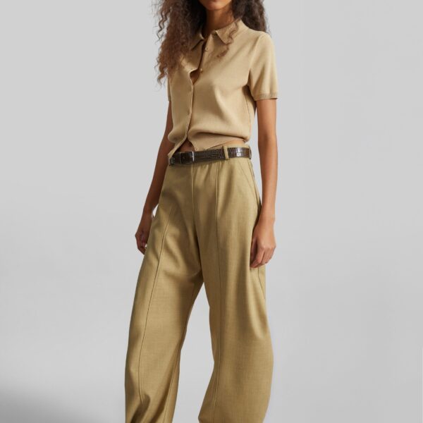 The Frankie Shop Keasden Barrel Leg Trousers - Camel - Oversized Minimalist Pants in Beige - Shop at Coveti