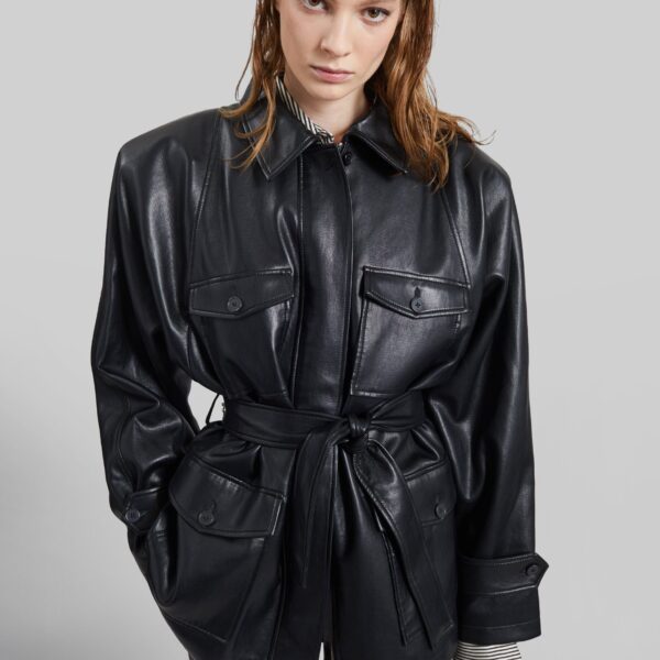 The Frankie Shop Kelia Faux Leather Padded Utility Jacket - Black - Oversized Minimalist Jackets in Black - Shop at Coveti