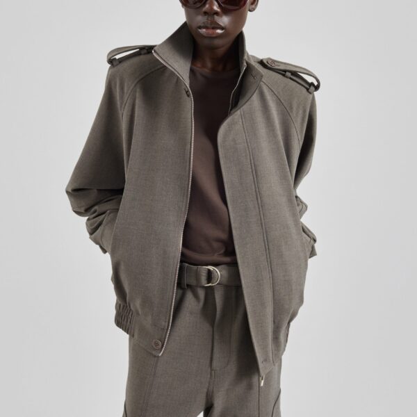 The Frankie Shop Kelly Padded Double Weave Blouson - Taupe Melange - Oversized Minimalist Jackets in Beige - Shop at Coveti