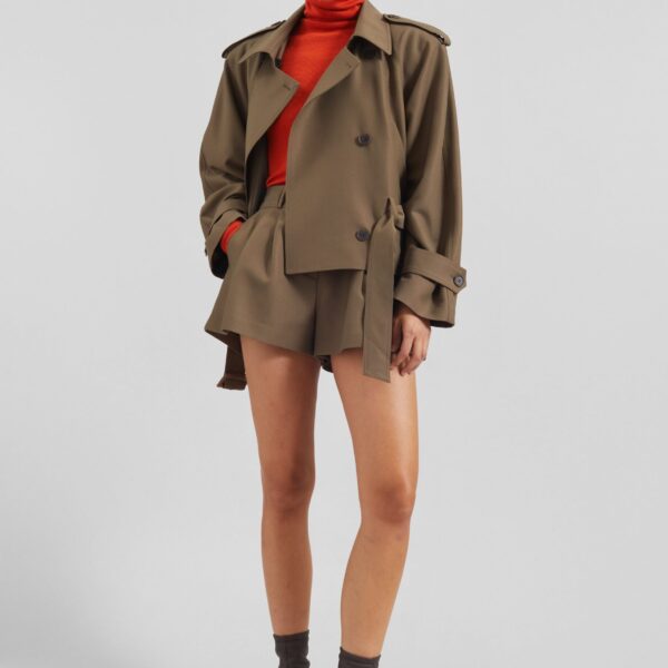 The Frankie Shop Kinsley Cropped Trench Jacket - Brown - Oversized Minimalist Coats in Beige - Shop at Coveti