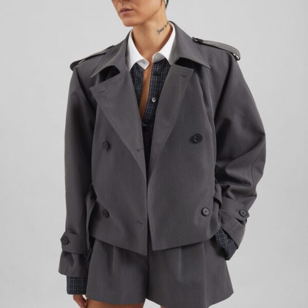 The Frankie Shop Kinsley Cropped Trench Jacket - Grey - Oversized Minimalist Coats in Grey - Shop at Coveti