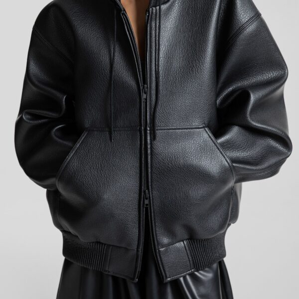 The Frankie Shop Kodai Faux Leather Bomber Jacket - Black - Oversized Minimalist Jackets in Black - Shop at Coveti