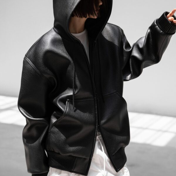 The Frankie Shop Kodai Faux Leather Bomber Jacket - Black - Oversized Minimalist Jackets in Black - Shop at Coveti
