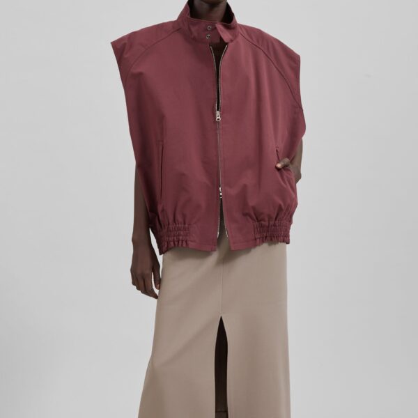 The Frankie Shop Lance Sleeveless Bomber Jacket - Burgundy - Oversized Minimalist Jackets in Red - Shop at Coveti
