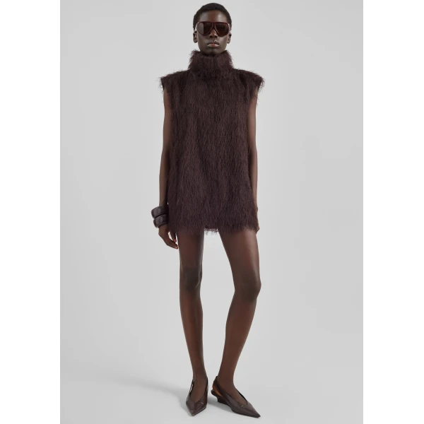 The Frankie Shop Lancy Fringed Funnel Neck Dress – Dark Brown, view 2