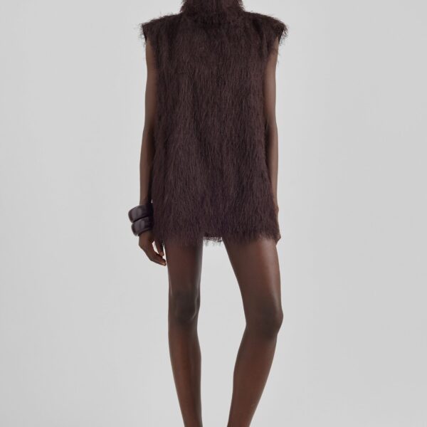 The Frankie Shop Lancy Fringed Funnel Neck Dress - Dark Brown - Oversized Minimalist Dresses in Beige - Shop at Coveti