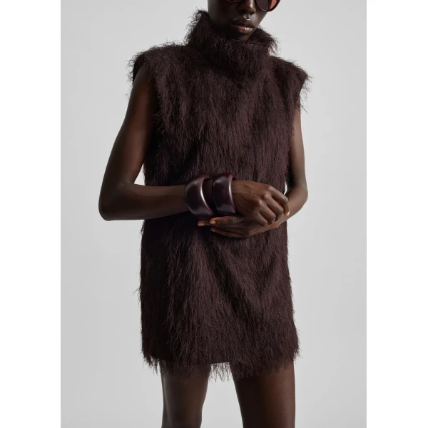 The Frankie Shop Lancy Fringed Funnel Neck Dress – Dark Brown, view 3