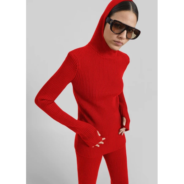 The Frankie Shop Larice Hooded Knit Top – Red, view 2