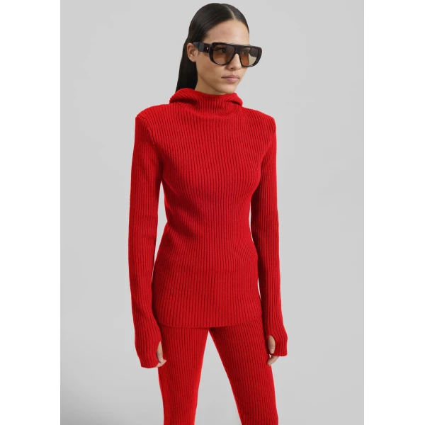 The Frankie Shop Larice Hooded Knit Top – Red, view 4