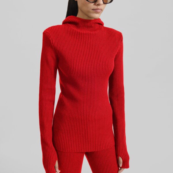 The Frankie Shop Larice Hooded Knit Top - Red - Oversized Minimalist Tops in Red - Shop at Coveti