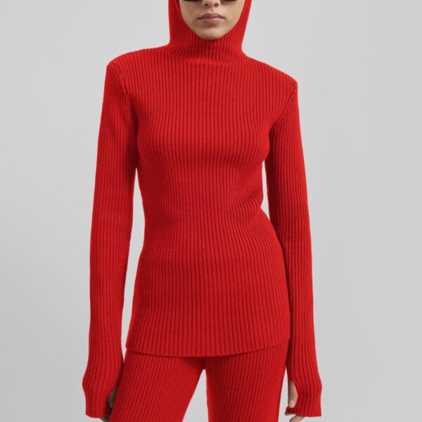 The Frankie Shop Larice Hooded Knit Top - Red - Oversized Minimalist Tops in Red - Shop at Coveti