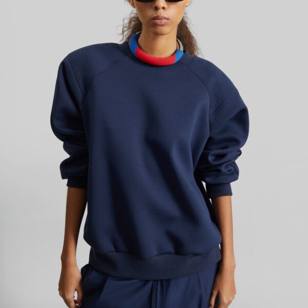 The Frankie Shop Leian Neoprene Padded Sweatshirt - Navy - Oversized Minimalist Tops in Blue - Shop at Coveti