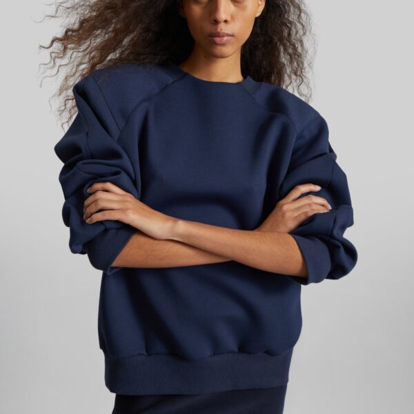 The Frankie Shop Leian Neoprene Padded Sweatshirt - Navy - Oversized Minimalist Tops in Blue - Shop at Coveti