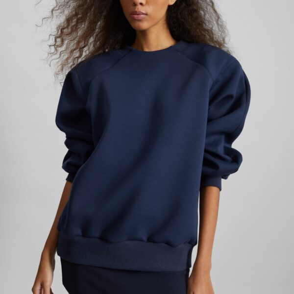 The Frankie Shop Leian Neoprene Padded Sweatshirt - Navy - Oversized Minimalist Tops in Blue - Shop at Coveti