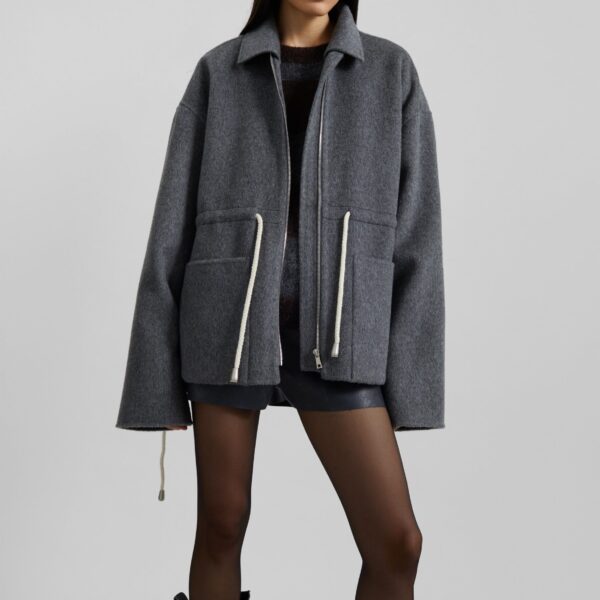 The Frankie Shop Lemvig Wool Drawstring Jacket - Grey - Oversized Minimalist Jackets in Grey - Shop at Coveti