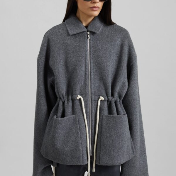 The Frankie Shop Lemvig Wool Drawstring Jacket - Grey - Oversized Minimalist Jackets in Grey - Shop at Coveti