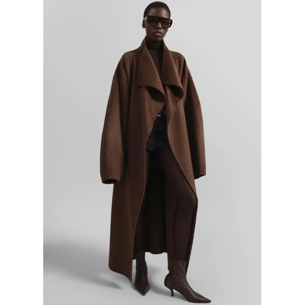 The Frankie Shop Leroy Funnel Neck Wool Coat – Brown Melange, view 2